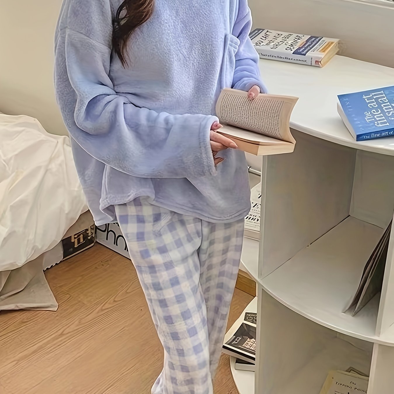 Velvet Plaid Winter Warm Pajama Set, Solid Color Casual Home Wear Set
