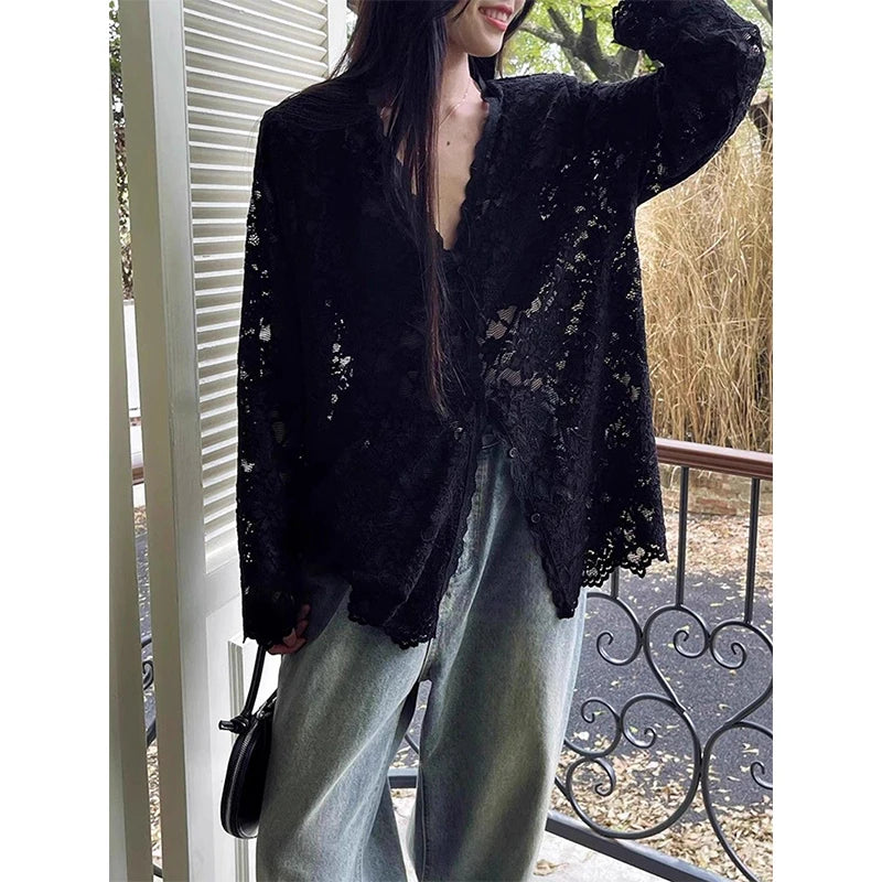 Y2K Lace Sheer Black Shirts Women Streetwear Sexy Hollow Out White Blouses Korean Aesthetic Long Sleeve Chic Sun Protection Tops