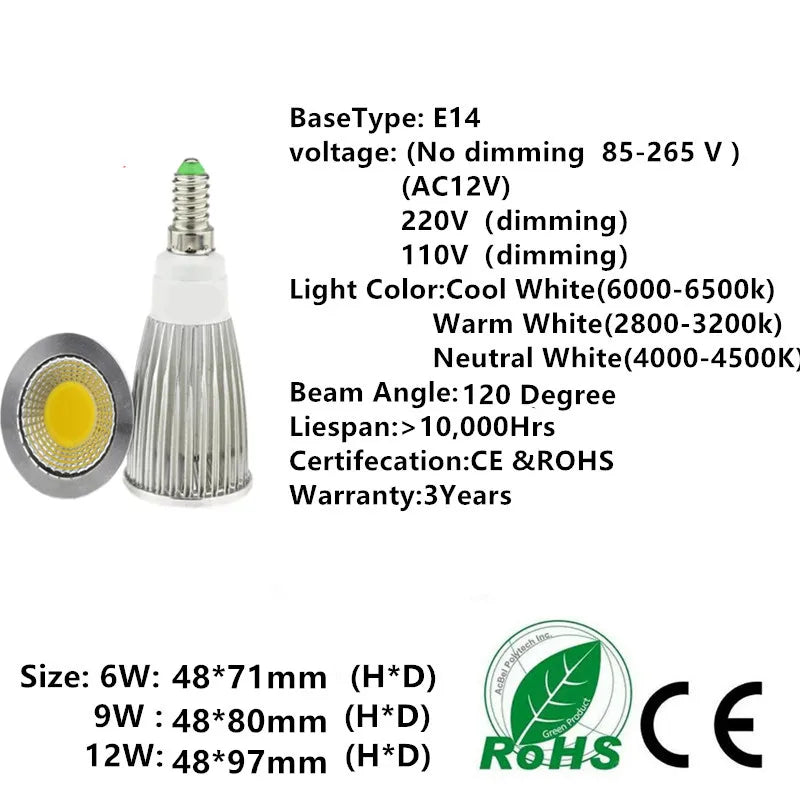 1X High Lumen E14 LED COB Spotlight 6W 9W 12W Dimmable AC12V 110V 220V LED Spot Light Bulb Lighting Lamp Warm/Cool white
