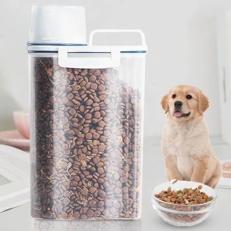 1.5kg/2kg Dog Cat Food Storage Container Plastic Pail With Measuring Cup Airtight Moisture Proof Pet Supplies Kitchen Jar