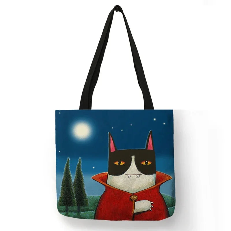 Black Cat Print Animal Art Painting Shopping Hand Bag Women Shoulder Bag Eco Large Graphic Tote Shopper Bag for Boutique