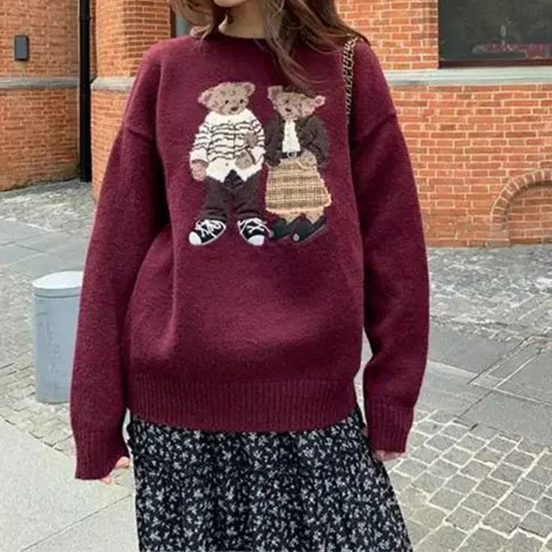 Sweater cartoon small bag core yarn needle retro women's loose round neck knitted sweater new print black