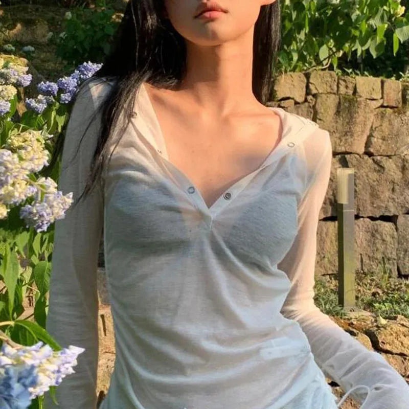 Sexy See Through Hooded Tops Women Casual Long Sleeve Thin Long Sleeve T-Shirt Female Streetwear Y2K Sun Protection White Tees