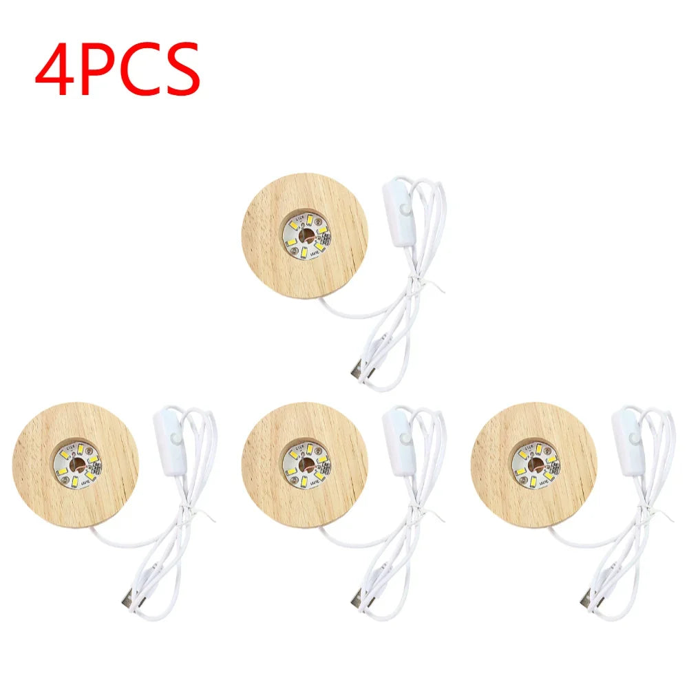 10-1PCS Handmade LED Wood Display Base USB Round Wooden Night Lamp Base Bedroom Resin Ornament Stand DIY Night Light