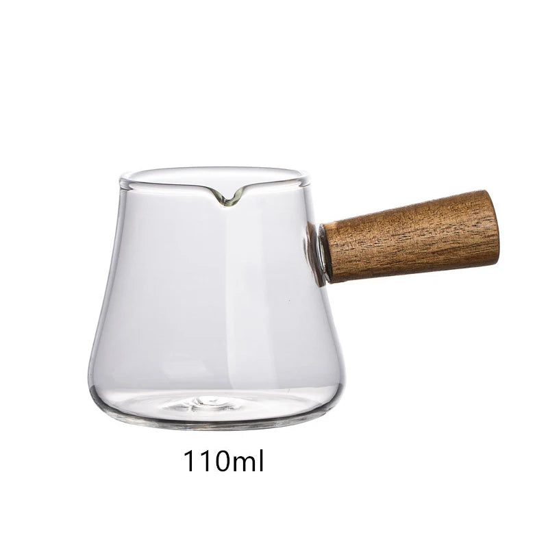 YWDL 60/110ml Wood Handle Glass Espresso Cup Milk Pitcher Single Mouth Jug Coffee Supplies Clear Kitchen Creamer Measure Mug