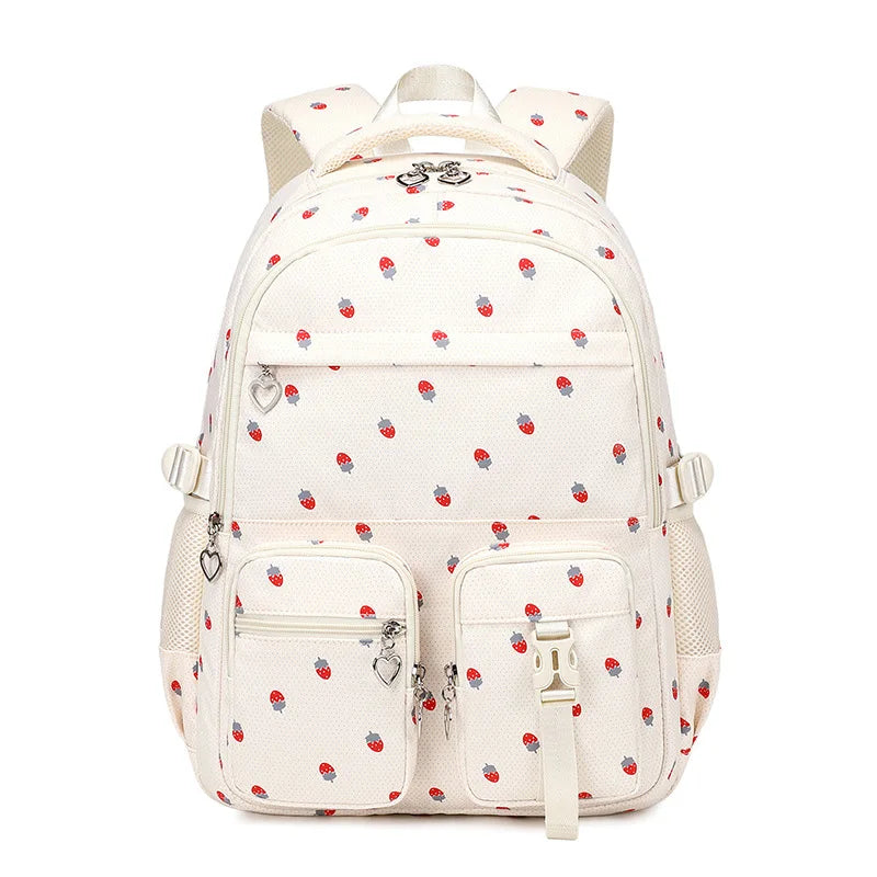 Waterproof Schoolbag Strawberry Print Large Capacity Backpack Shoulder Bag Bookbags Nylon Travel Student Daily Zipper School Bag
