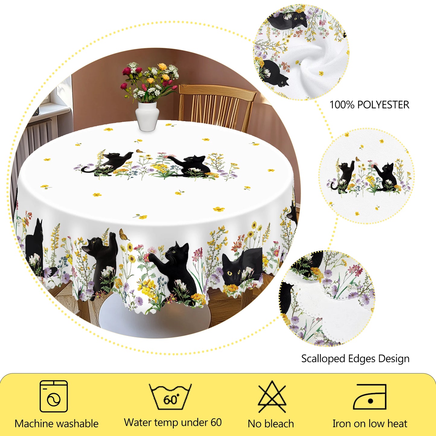 1 Piece of Kitten Themed Printed Tablecloth, Country Farmhouse Style, Black Kitten, Flower Pattern Design, Multiple Sizes Available, Suitable for Spring and Summer, Garden Party during Holiday, Camping Style Decoration, Kitch
