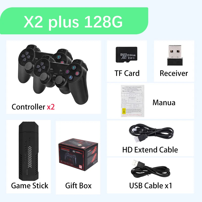 X2 Plus 128G 30000 Games 4K Game Stick 3D HD Retro Video Game Console Wireless Controller TV 50 Emulator For PS1/N64/DC GD10 Pro