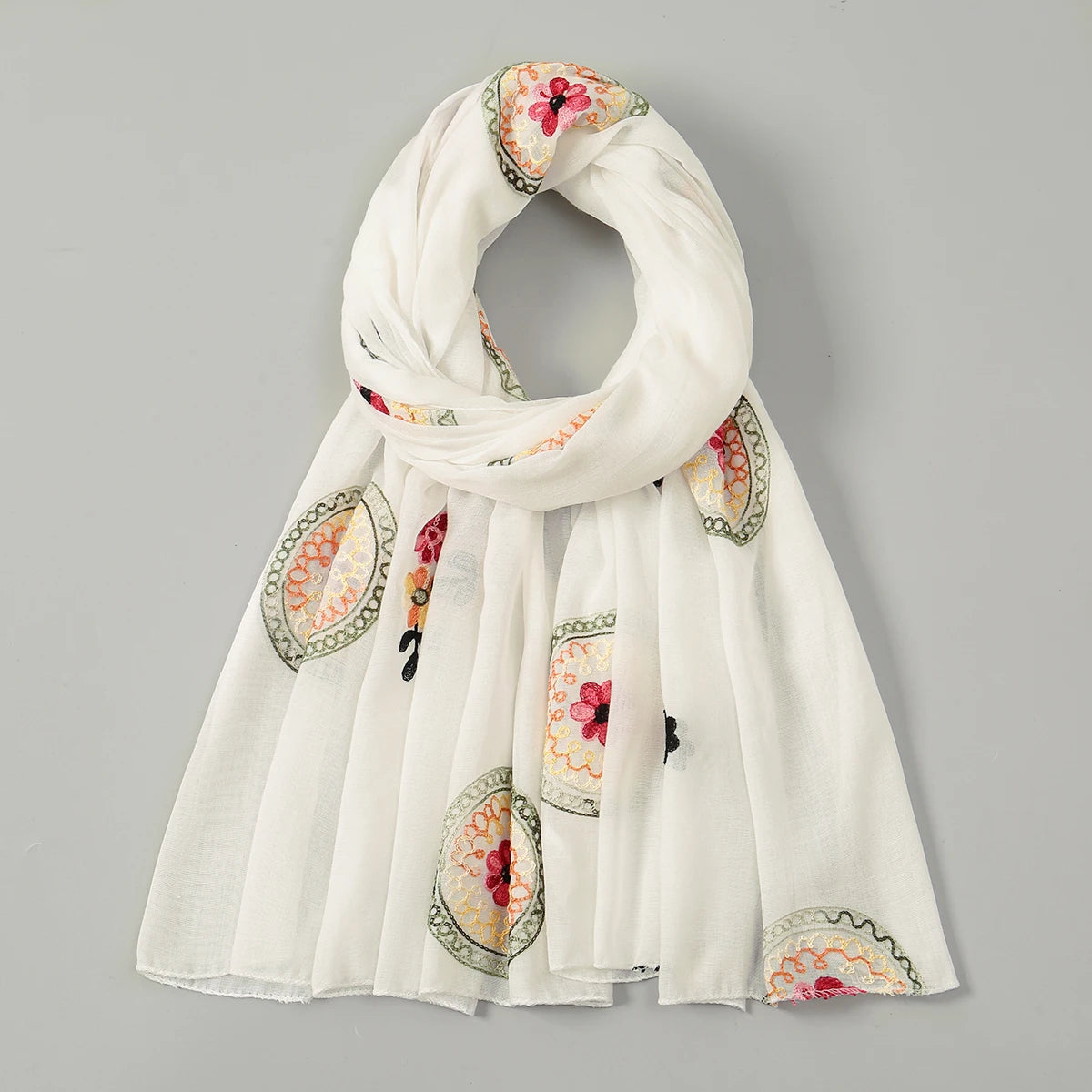 Women Foulard Embroidered Cotton linen Scarf Bandana Elegant Long Shawl Hijab Summer Sun Protection Floral Scarfs Vintage Tippet