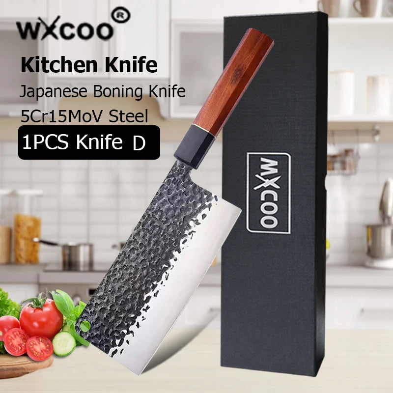 1-5pcs Japanese Chef Knife Hand-forged Kitchen Knife Sharpening Rod High Carbon Steel Boning Knife Santoku Knife and Accessories