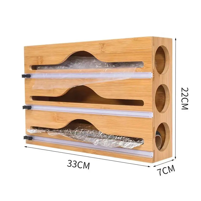 Wood Plastic Wrap Dispenser Kitchen Wall Mounted Storage Box Bake Paper Holder Trash Bag Organizer Cling Film Cutter Multi Layer