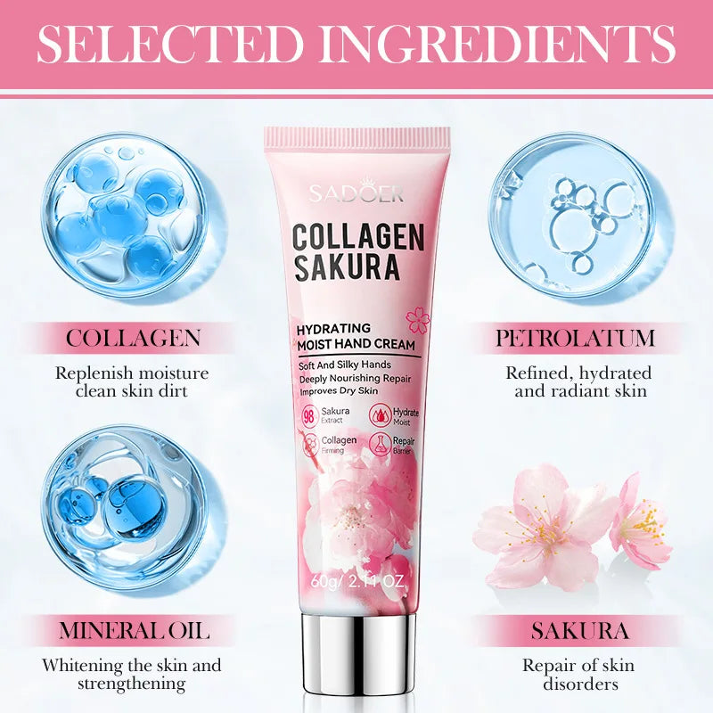 SADOER Sakura Collagen Hand Cream Moisturizing & Nourishing, Brightening Care, Anti-Wrinkle Anti-Crack Cream for Hands 60G