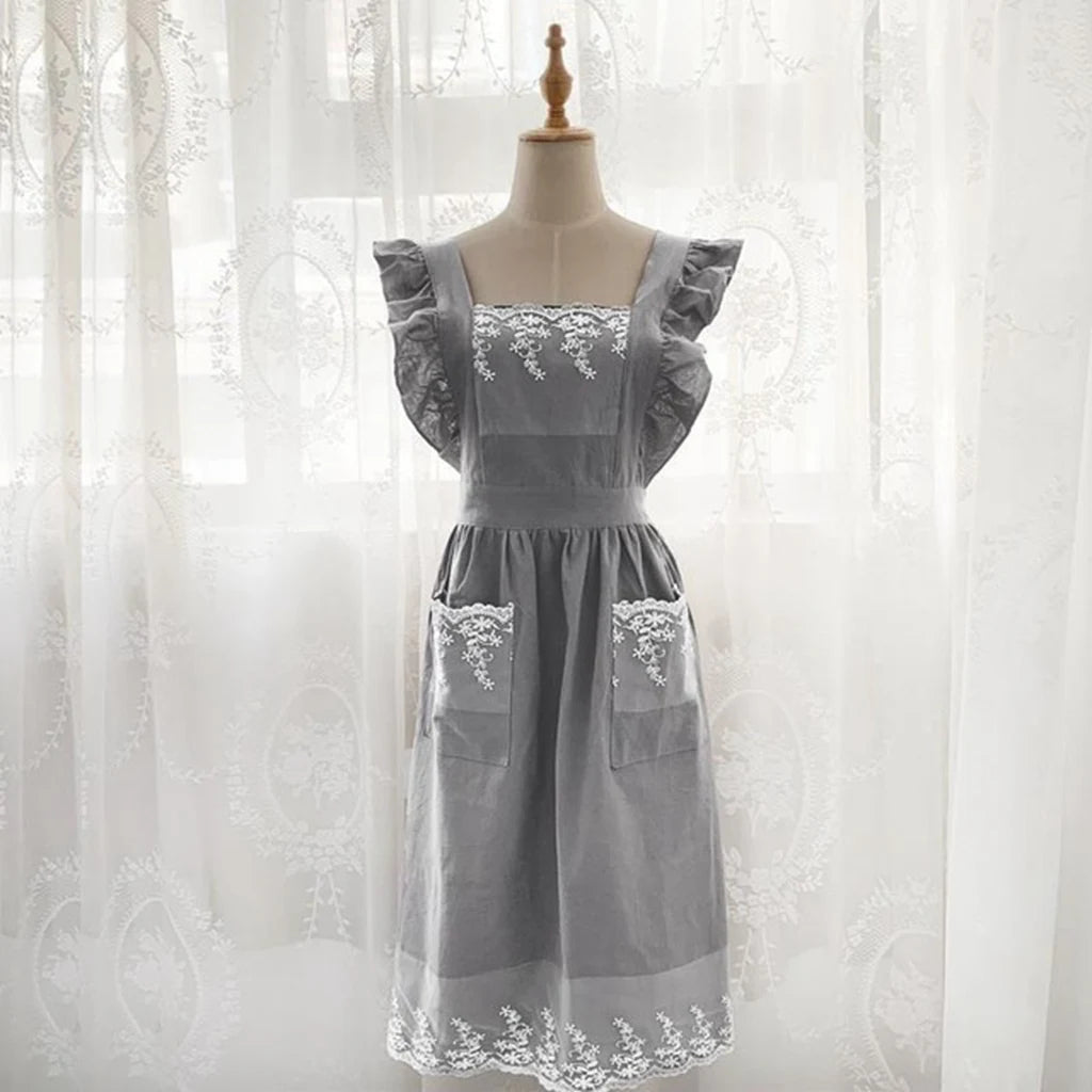 Washed Cotton Linen Lace Aprons Cooking Kitchen Aprons Flower Shop Garden Ruffles Work Clean Apron for Woman Overalls Dress