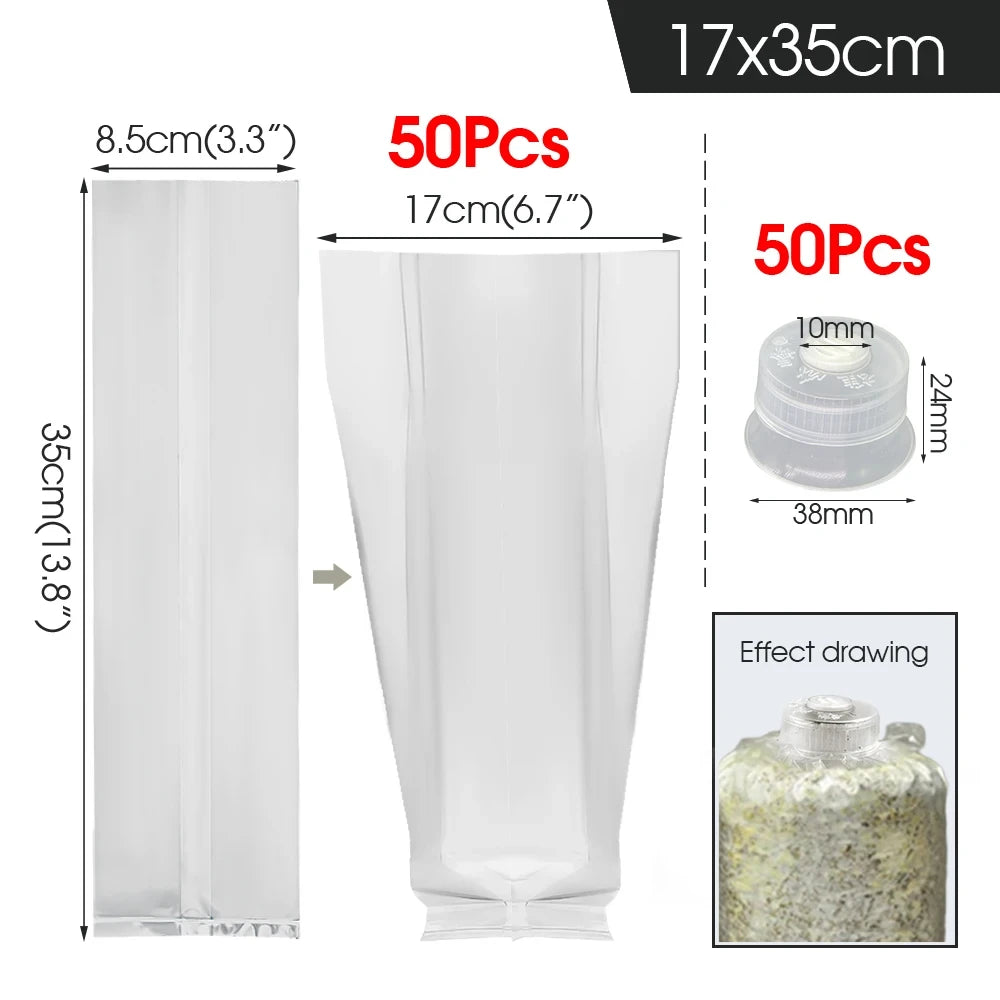 50/100PCS Mushroom Spawn Grow Bag with Sealing Cotton Filter Cap Heat-resistance Plastic Planter Bags Bamboo Fungus Ganoderma