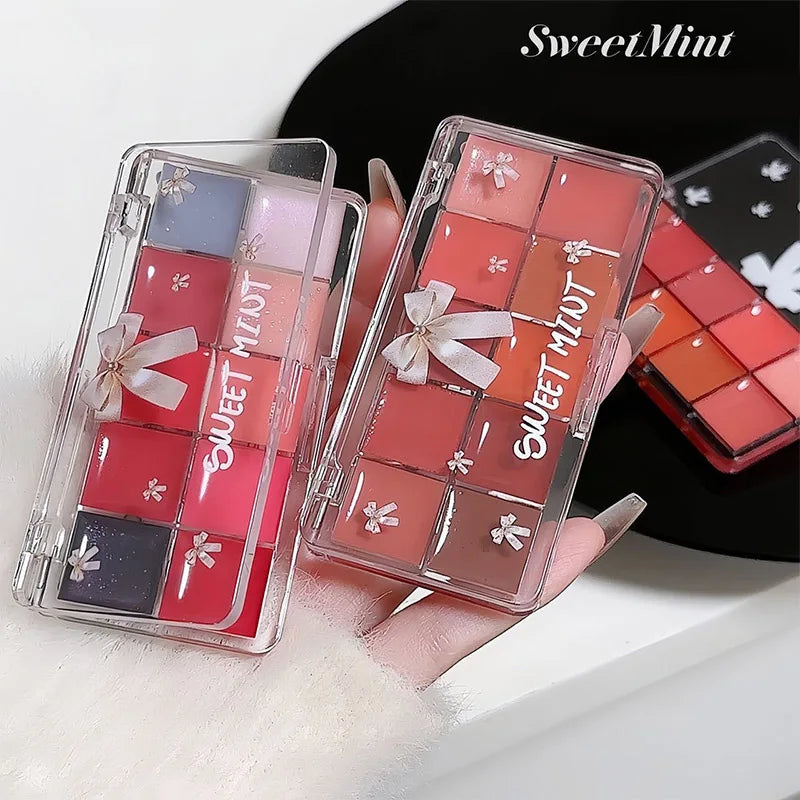 Sweet Mint 10-Color Lip Tint Palette — Natural Hydrating Formula, Non-Transfer Mirror-Gloss Finish,
