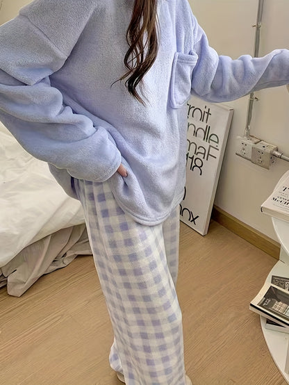 Velvet Plaid Winter Warm Pajama Set, Solid Color Casual Home Wear Set