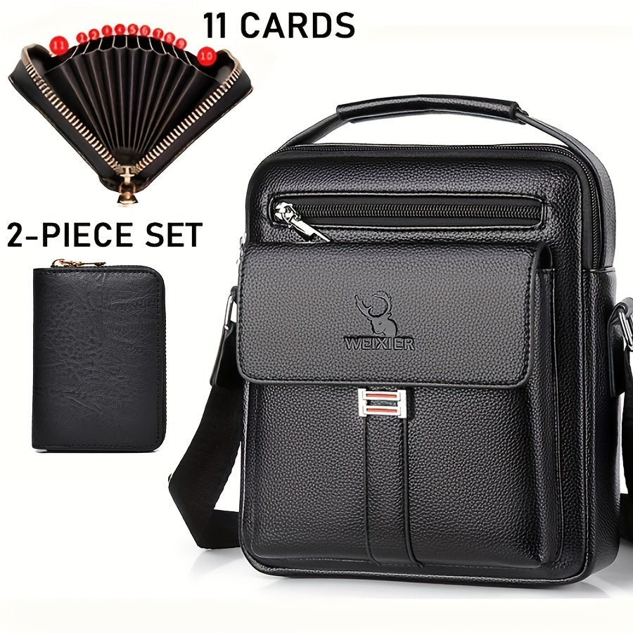 [حقيبة عمل كلاسيكية] حقيبة كتف رجالية كلاسيكية قابلة للتعديل من WEIXIER - مساحات تخزين متعددة، جيوب بسحاب، تصميم مضغوط، لون أسود، إغلاق بسحاب آمن، حقيبة كروس صغيرة