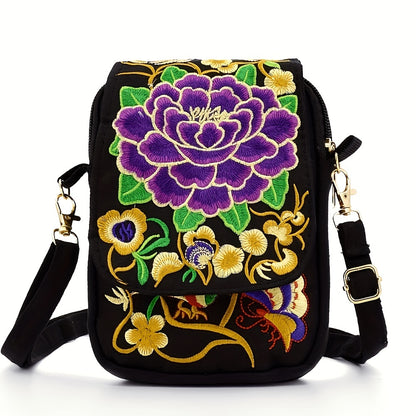 [Embroidered Crossbody] Lightweight Crossbody Bag | Women's Embroidered Mini Shoulder Bag with Detachable Strap - Floral Geometric Embroidery Design, Zipper Closure, Compact, Polyester Lined Interior (Navy/Purple/Red/Black)