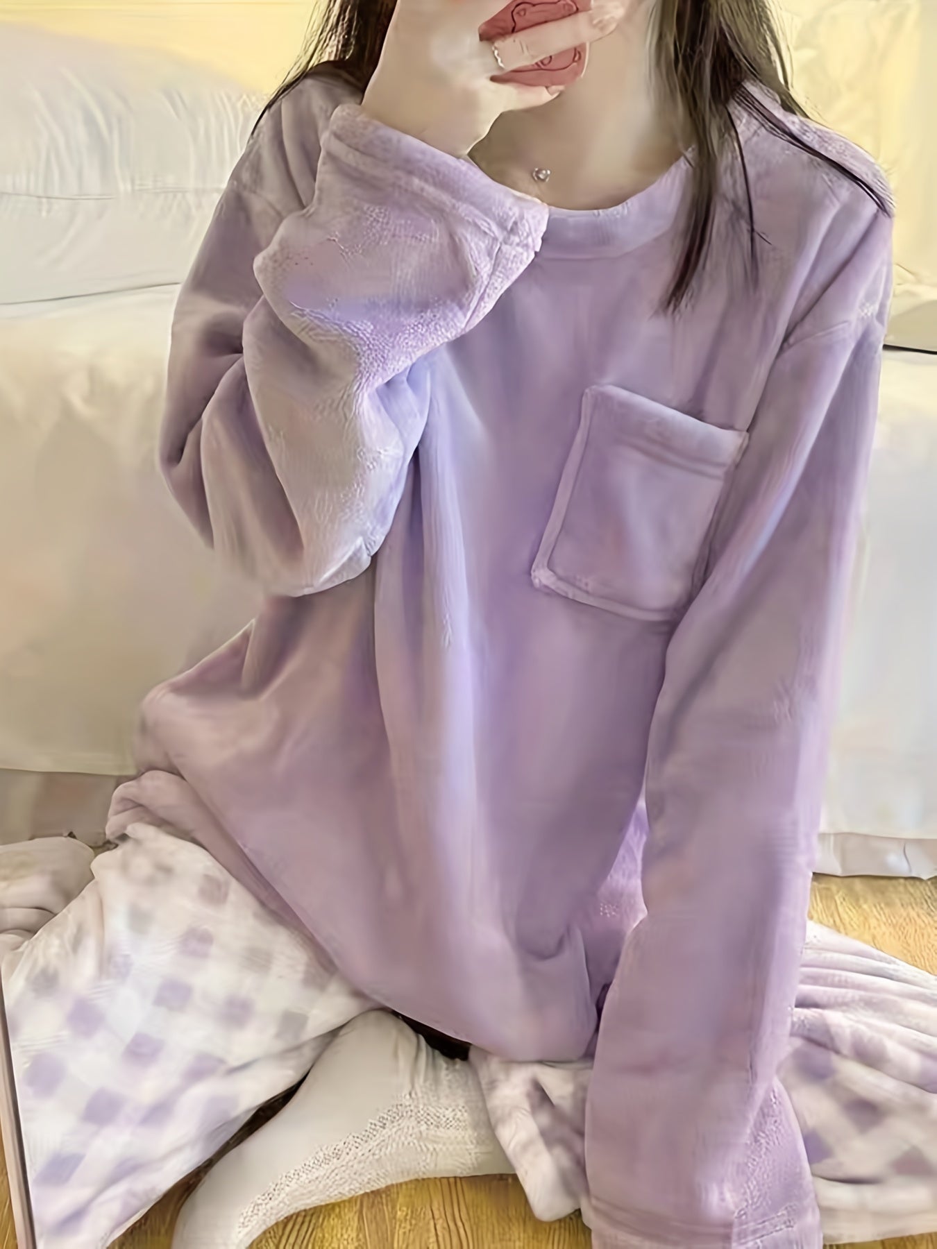 Velvet Plaid Winter Warm Pajama Set, Solid Color Casual Home Wear Set