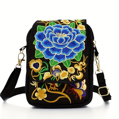 [Embroidered Crossbody] Lightweight Crossbody Bag | Women's Embroidered Mini Shoulder Bag with Detachable Strap - Floral Geometric Embroidery Design, Zipper Closure, Compact, Polyester Lined Interior (Navy/Purple/Red/Black)