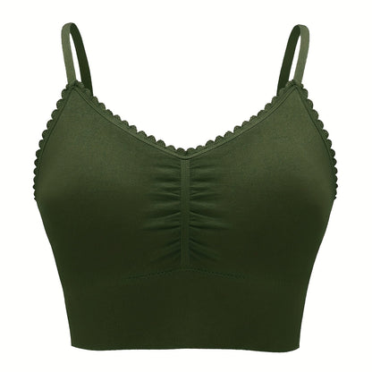 Women'S Plus Size Lace Wireless Bralette, Solid Color Polyamide 90% Elastane 10% Knit Fabric, High Stretch Comfort Full Coverage Sleep Bra, Removable Padding, Breathable Lingerie