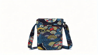 Vintage Floral Print Fabric Women's Crossbody Bag, Ethnic Style Bucket Purse with Flap