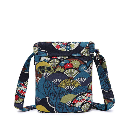 Vintage Floral Print Fabric Women's Crossbody Bag, Ethnic Style Bucket Purse with Flap