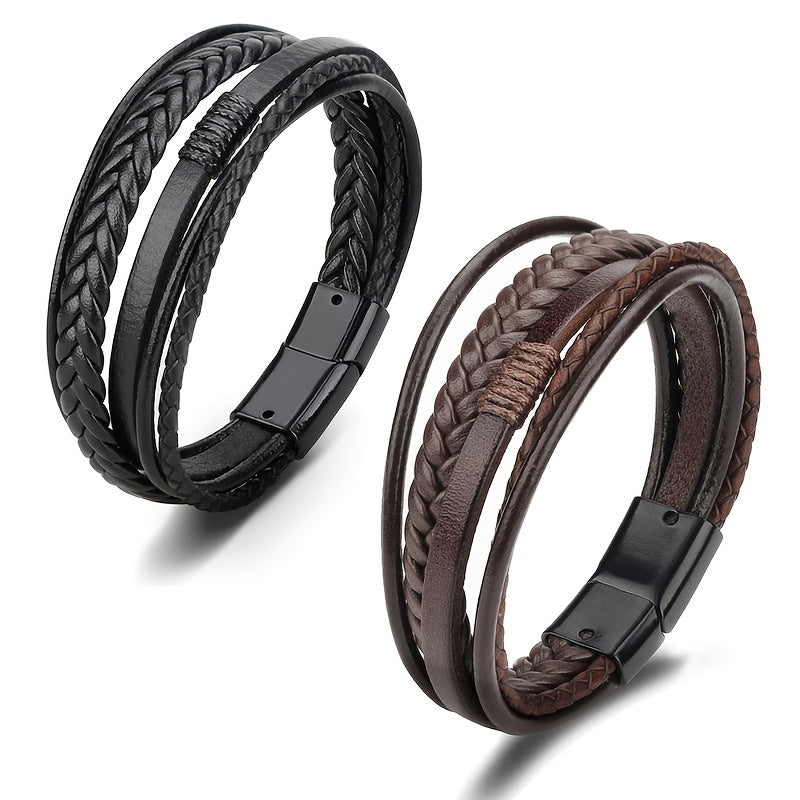 1pc Men's Hand-Woven Multi-Layer Leather Bracelet with Buckle Closure - Stylish Faux Leather Cuff, Durable & Versatile Accessory for Casual or Formal Wear