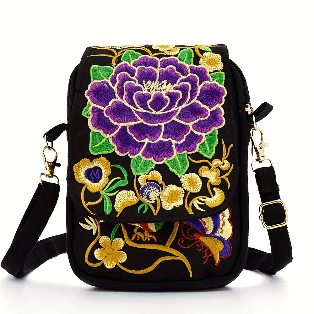 [Embroidered Crossbody] Lightweight Crossbody Bag | Women's Embroidered Mini Shoulder Bag with Detachable Strap - Floral Geometric Embroidery Design, Zipper Closure, Compact, Polyester Lined Interior (Navy/Purple/Red/Black)