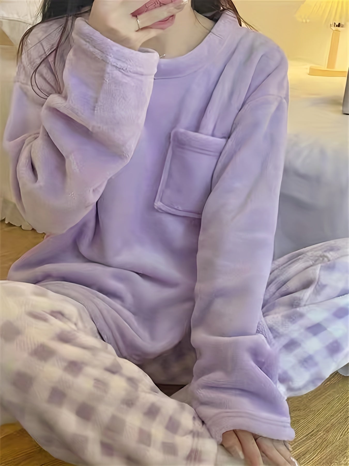 Velvet Plaid Winter Warm Pajama Set, Solid Color Casual Home Wear Set