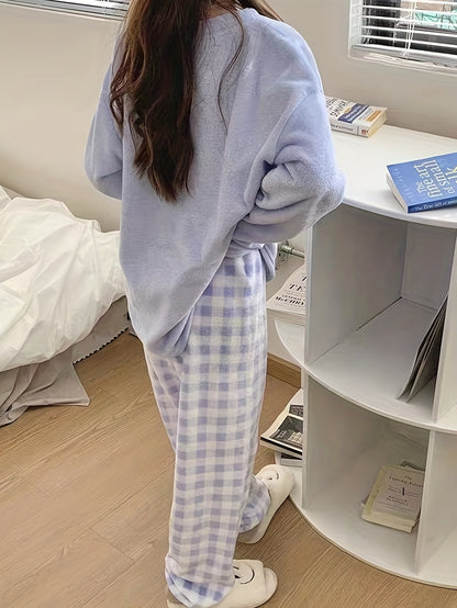 Velvet Plaid Winter Warm Pajama Set, Solid Color Casual Home Wear Set