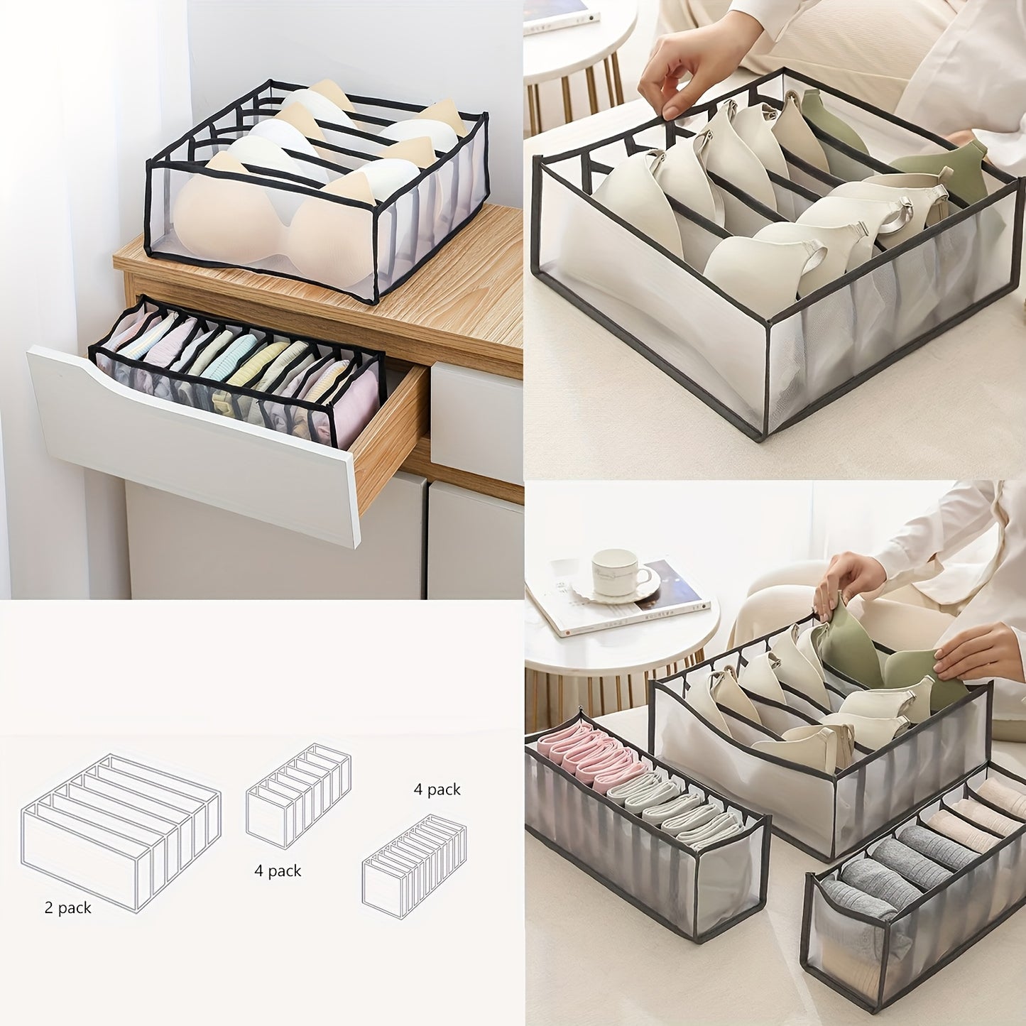 [منظم حمالة صدر نايلون قابل للطي] 5 قطع منظم حمالة صدر نايلون قابل للطي - منظم خزانة الملابس الداخلية مقسم أدراج للنساء - يتضمن 6/7/7/11/11 خلية للملابس الداخلية والجوارب والربطات (أسود)