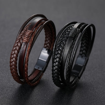 1pc Men's Hand-Woven Multi-Layer Leather Bracelet with Buckle Closure - Stylish Faux Leather Cuff, Durable & Versatile Accessory for Casual or Formal Wear