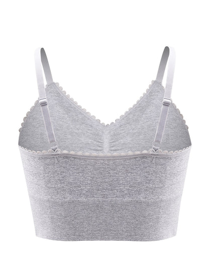 Women'S Plus Size Lace Wireless Bralette, Solid Color Polyamide 90% Elastane 10% Knit Fabric, High Stretch Comfort Full Coverage Sleep Bra, Removable Padding, Breathable Lingerie
