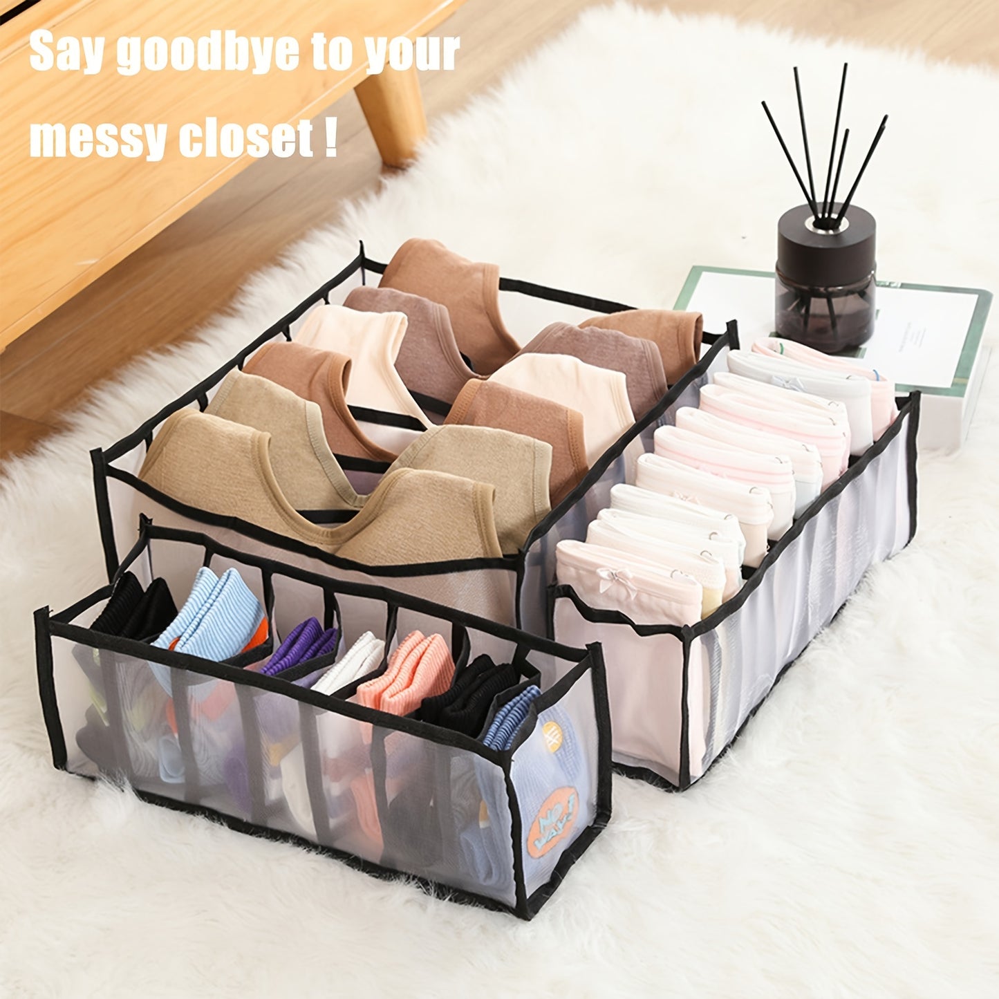 [Foldable Nylon Bra Organizer] 5pcs Foldable Nylon Bra Organizer - Closet Underwear Organizer Drawer Divider for Women - Includes 6/7/7/11/11 Cell for Lingerie, Underwear, Socks, Ties (Black)