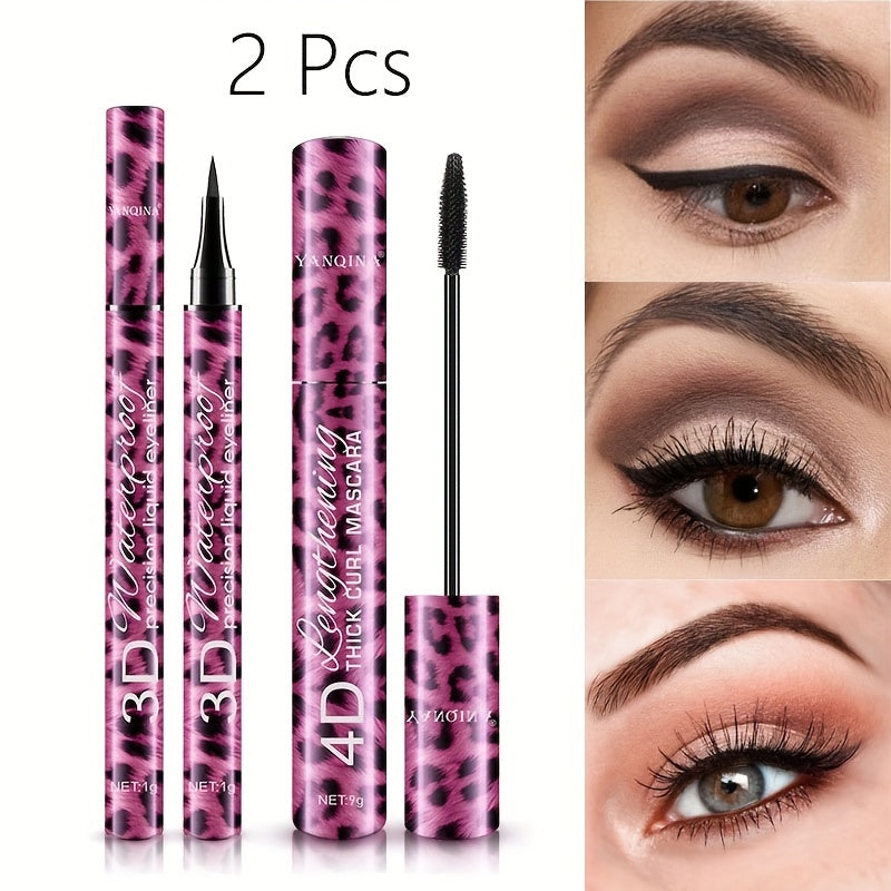 Waterproof Mascara Set with Curling, Holding, and Thicker Lashes - Leopard Print Packaging