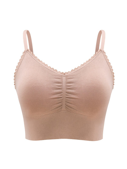 Women'S Plus Size Lace Wireless Bralette, Solid Color Polyamide 90% Elastane 10% Knit Fabric, High Stretch Comfort Full Coverage Sleep Bra, Removable Padding, Breathable Lingerie