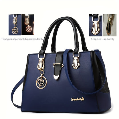 Women's Letter Detail Shoulder Bag, Elegant Double Handle Purse, Simple Large Handbag For Work