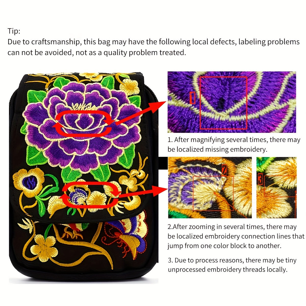 حقيبة كروس بودي مطرزة خفيفة الوزن | حقيبة كتف نسائية صغيرة مطرزة بحزام قابل للفصل - تصميم تطريز هندسي زهري، إغلاق بسحاب، تصميم مدمج، مبطنة بالبوليستر من الداخل (أزرق داكن/أرجواني/أحمر/أسود)