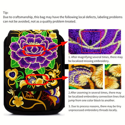 حقيبة كروس بودي مطرزة خفيفة الوزن | حقيبة كتف نسائية صغيرة مطرزة بحزام قابل للفصل - تصميم تطريز هندسي زهري، إغلاق بسحاب، تصميم مدمج، مبطنة بالبوليستر من الداخل (أزرق داكن/أرجواني/أحمر/أسود)