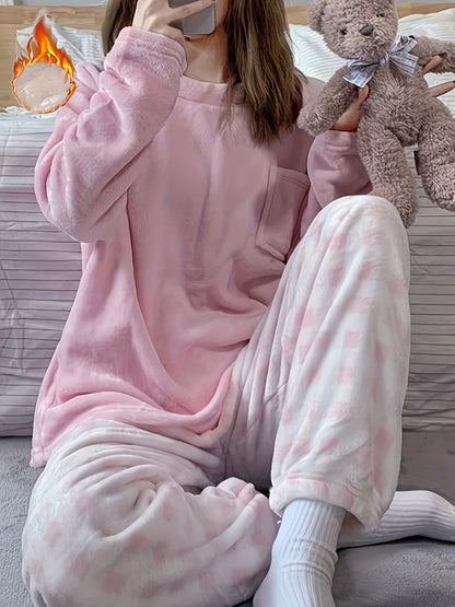 Velvet Plaid Winter Warm Pajama Set, Solid Color Casual Home Wear Set