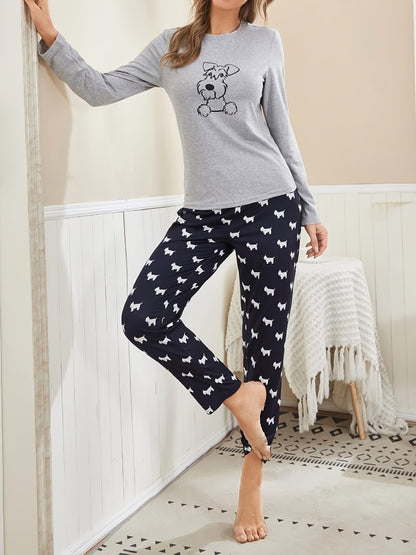 Cartoon Dog Print Pajama Set, Long Sleeve Crew Neck Top & Elastic Waistband Pants, Women's Sleepwear & Loungewear