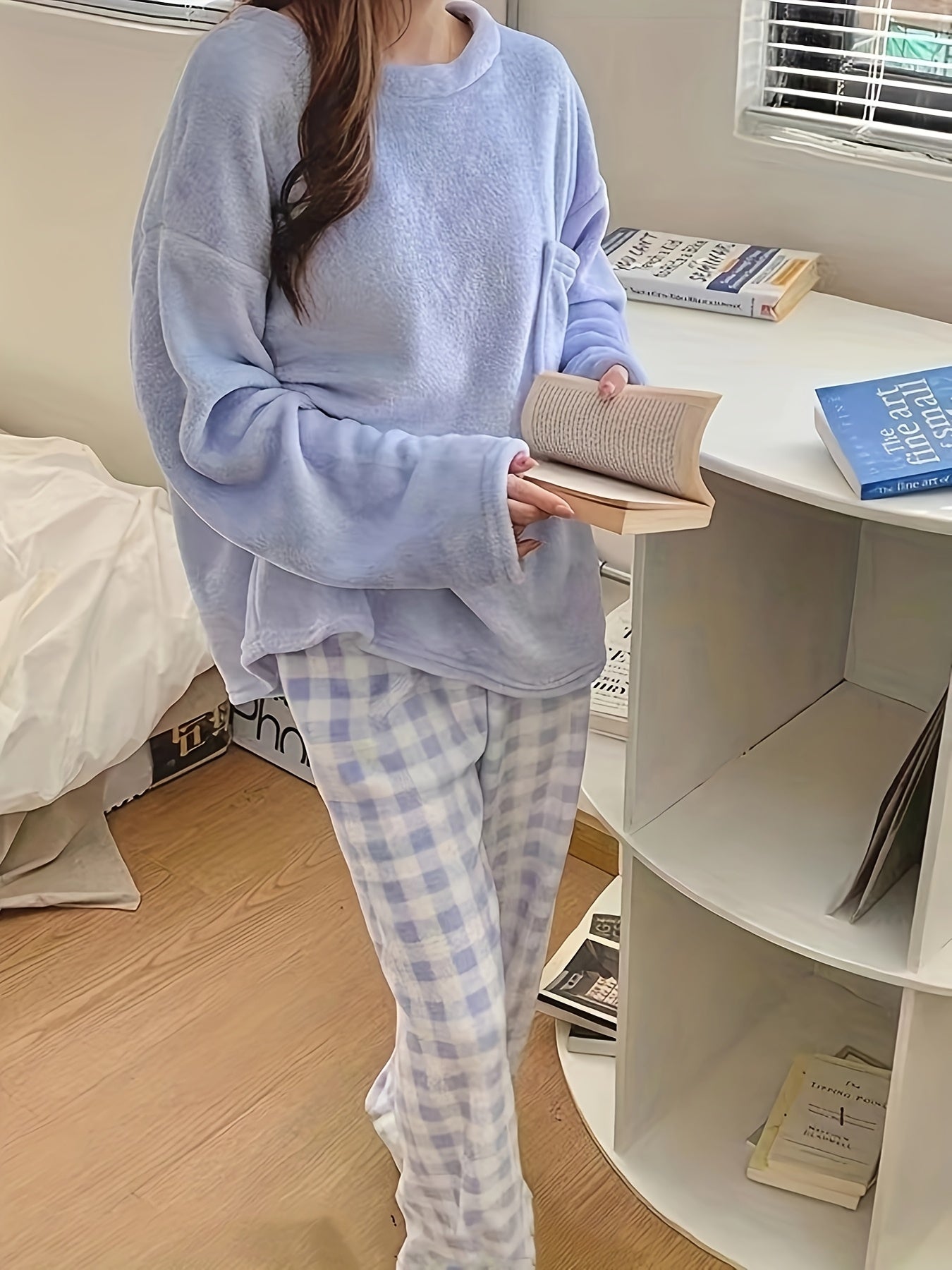 Velvet Plaid Winter Warm Pajama Set, Solid Color Casual Home Wear Set