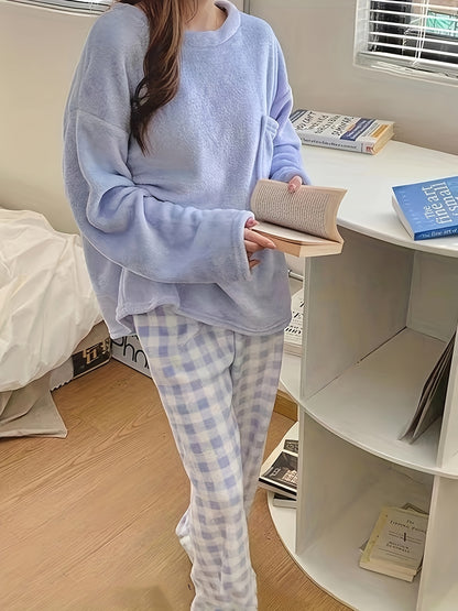 Velvet Plaid Winter Warm Pajama Set, Solid Color Casual Home Wear Set