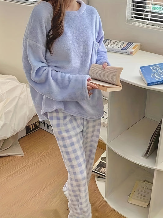Velvet Plaid Winter Warm Pajama Set, Solid Color Casual Home Wear Set