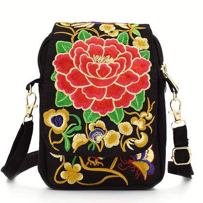 [Embroidered Crossbody] Lightweight Crossbody Bag | Women's Embroidered Mini Shoulder Bag with Detachable Strap - Floral Geometric Embroidery Design, Zipper Closure, Compact, Polyester Lined Interior (Navy/Purple/Red/Black)