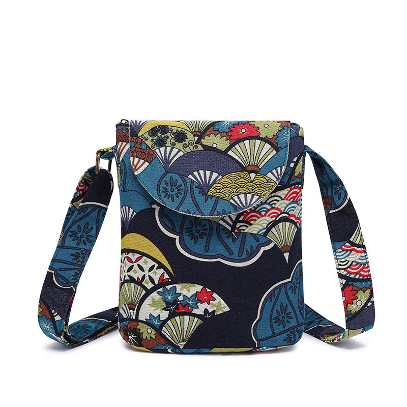 Vintage Floral Print Fabric Women's Crossbody Bag, Ethnic Style Bucket Purse with Flap