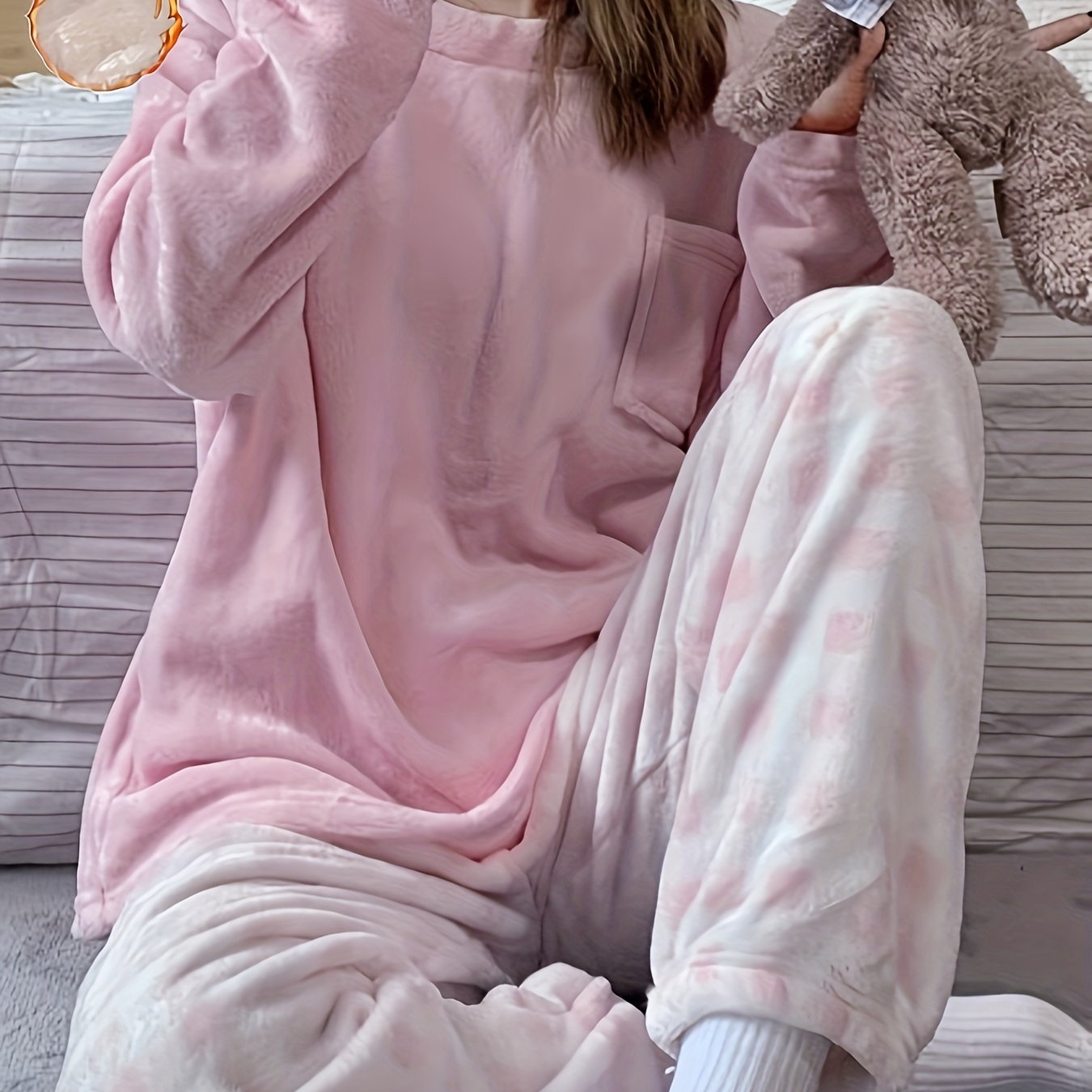 Velvet Plaid Winter Warm Pajama Set, Solid Color Casual Home Wear Set