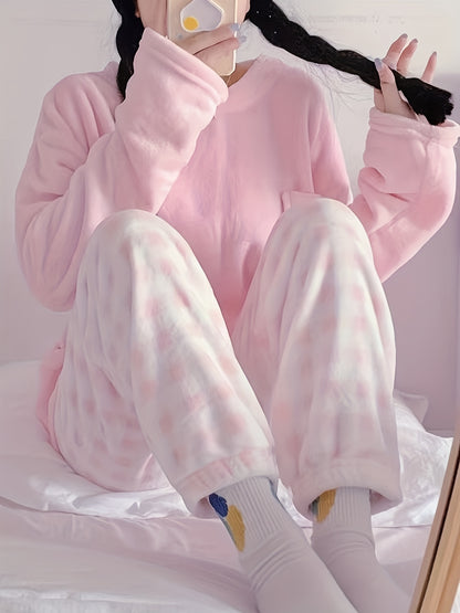 Velvet Plaid Winter Warm Pajama Set, Solid Color Casual Home Wear Set