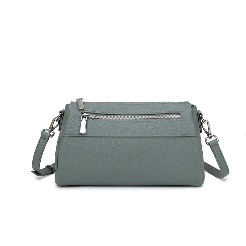 Zency Elegant Women's Handbags 2025 Trendy Soft Leather Messenger Bag Satchel Three Layer Pockets Luxury Designer Silver Metal